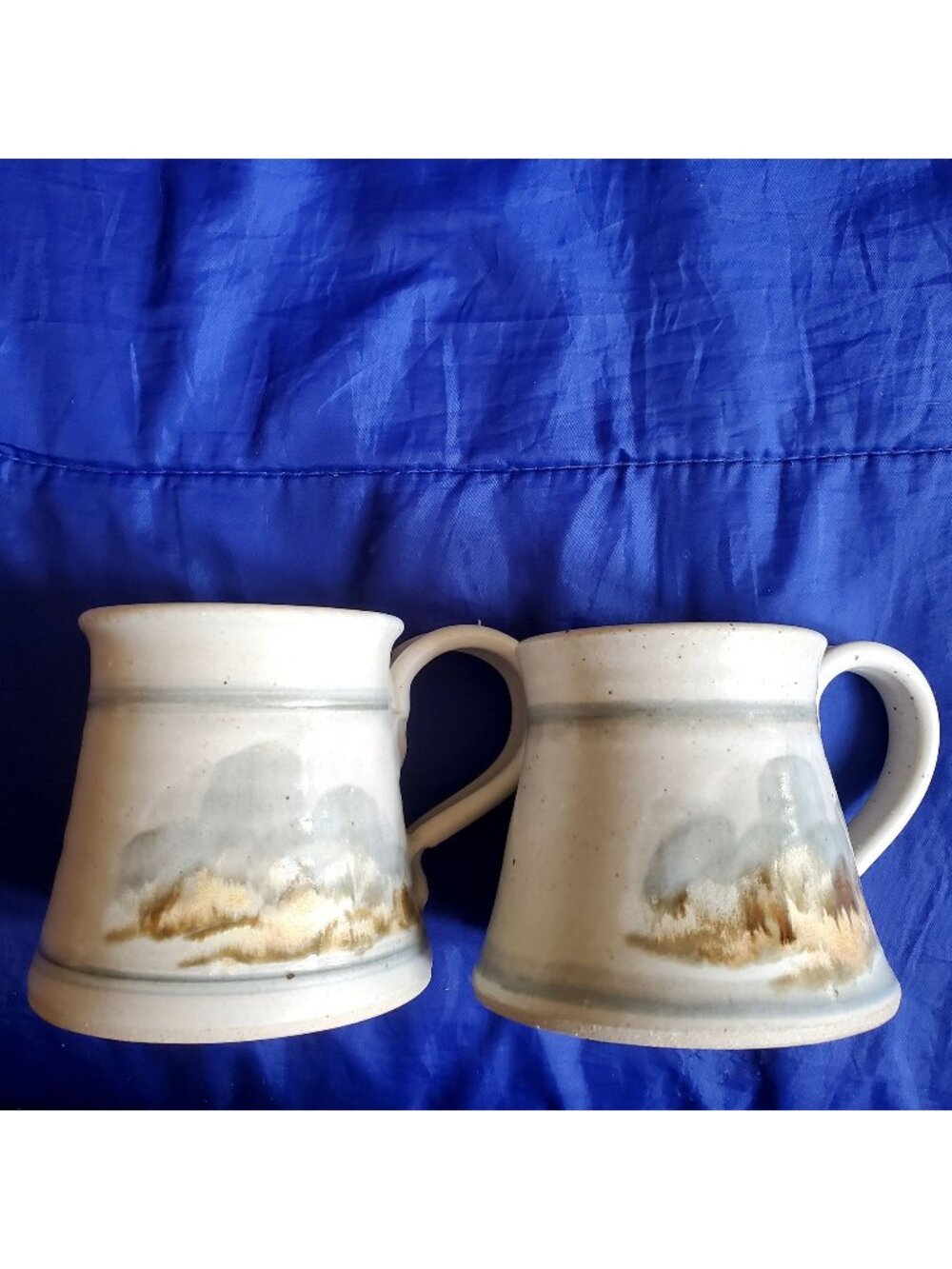 2 VTG Signed Pottery Mugs Handmade Rustic Farmhouse Boho 16 oz Ceramic Mountain